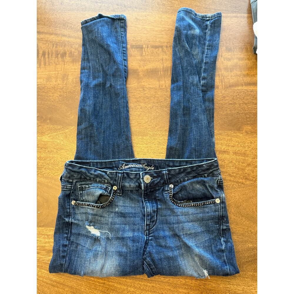 American Eagle Size 8 Distressed Stretch Skinny Jean Jewel Pocket Y2K Preppy